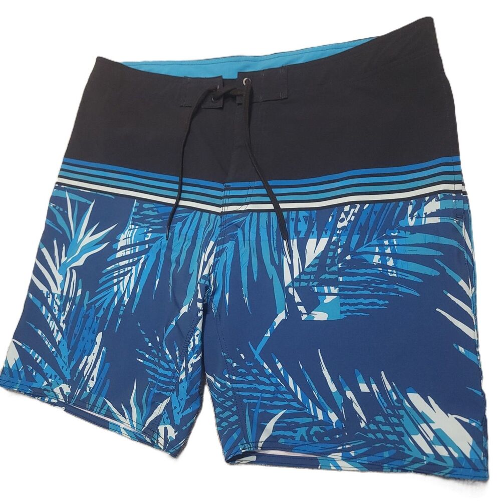 Burnside Board Shorts Mens 36 Blue Palm Leaf Drawstring Pockets Swim Trunks